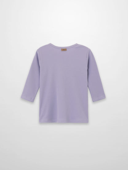 Lavender ribbed T-shirt with 3/4 sleeve and crew neck.