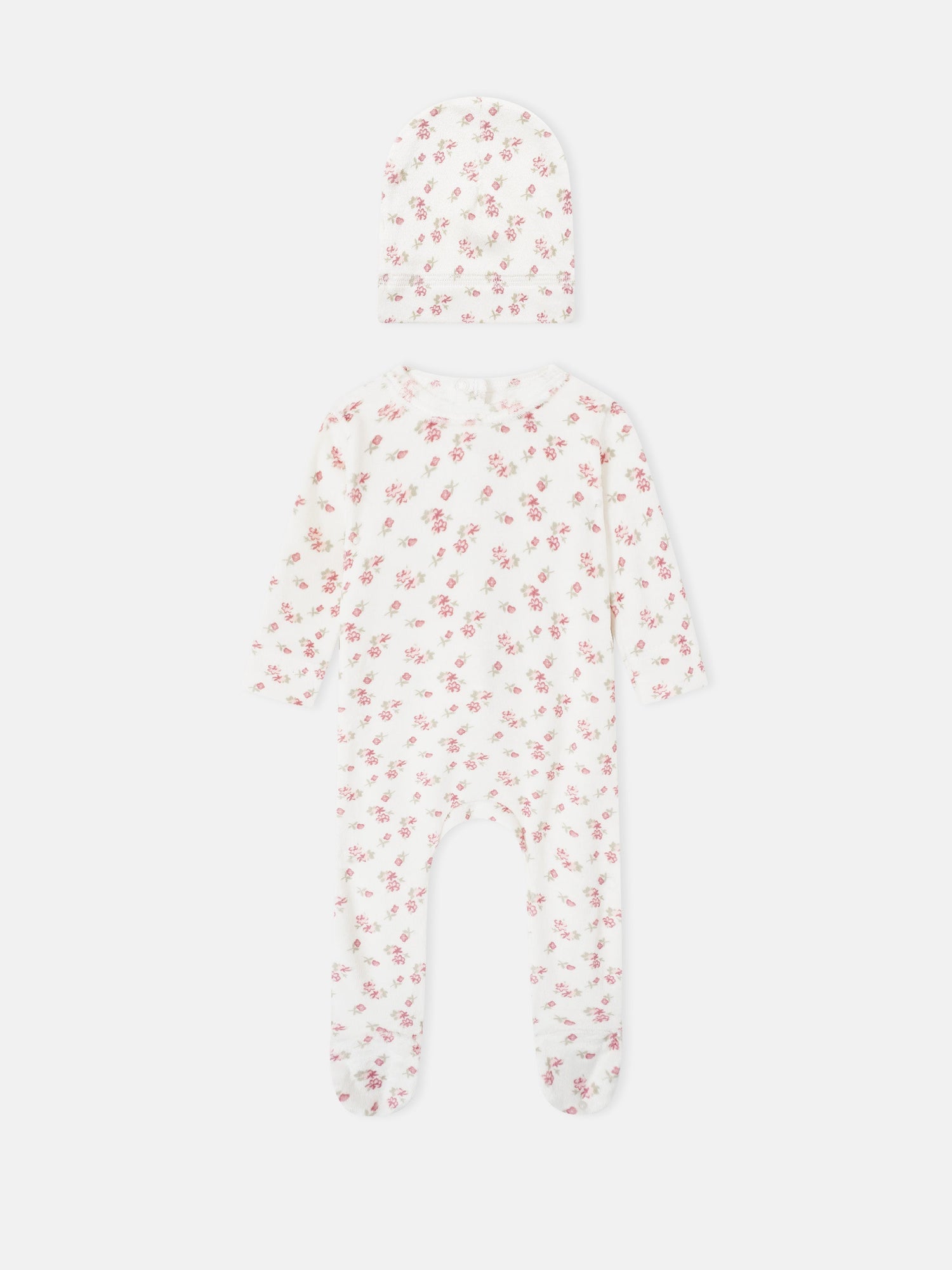 2-piece Tiny Blossom layette set by Adee: white floral-print hat and matching long-sleeve footed romper for girls.