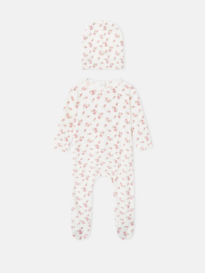 2-piece Tiny Blossom layette set by Adee: white floral-print hat and matching long-sleeve footed romper for girls.