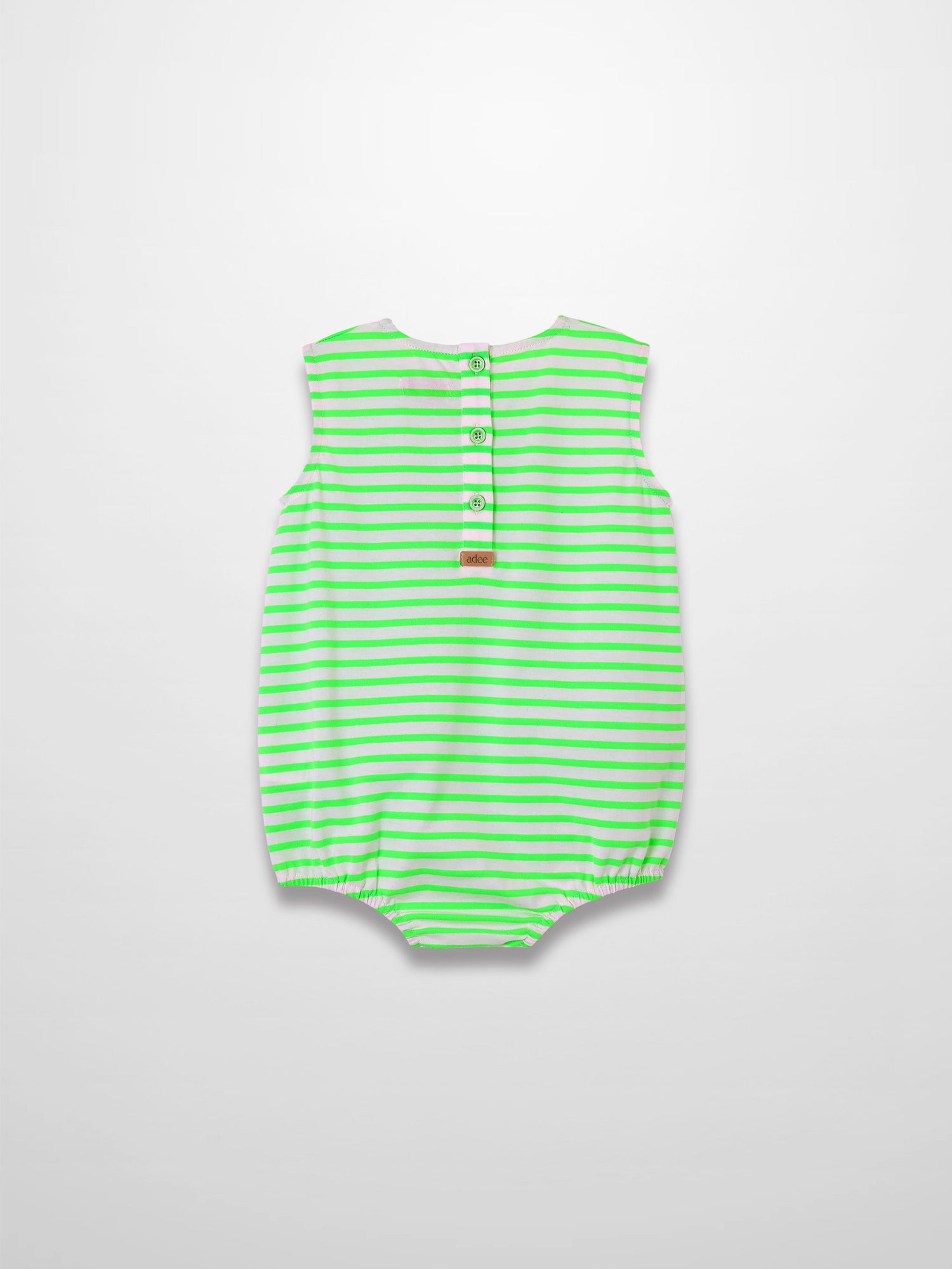 Neon green and white striped baby romper with back buttons and elastic leg openings.