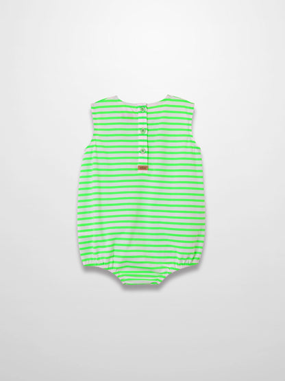 Neon green and white striped baby romper with back buttons and elastic leg openings.