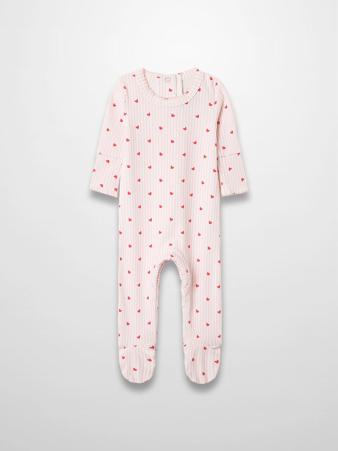 Pink striped footed baby jumpsuit with red hearts, scalloped trim, and soft stretch fabric.