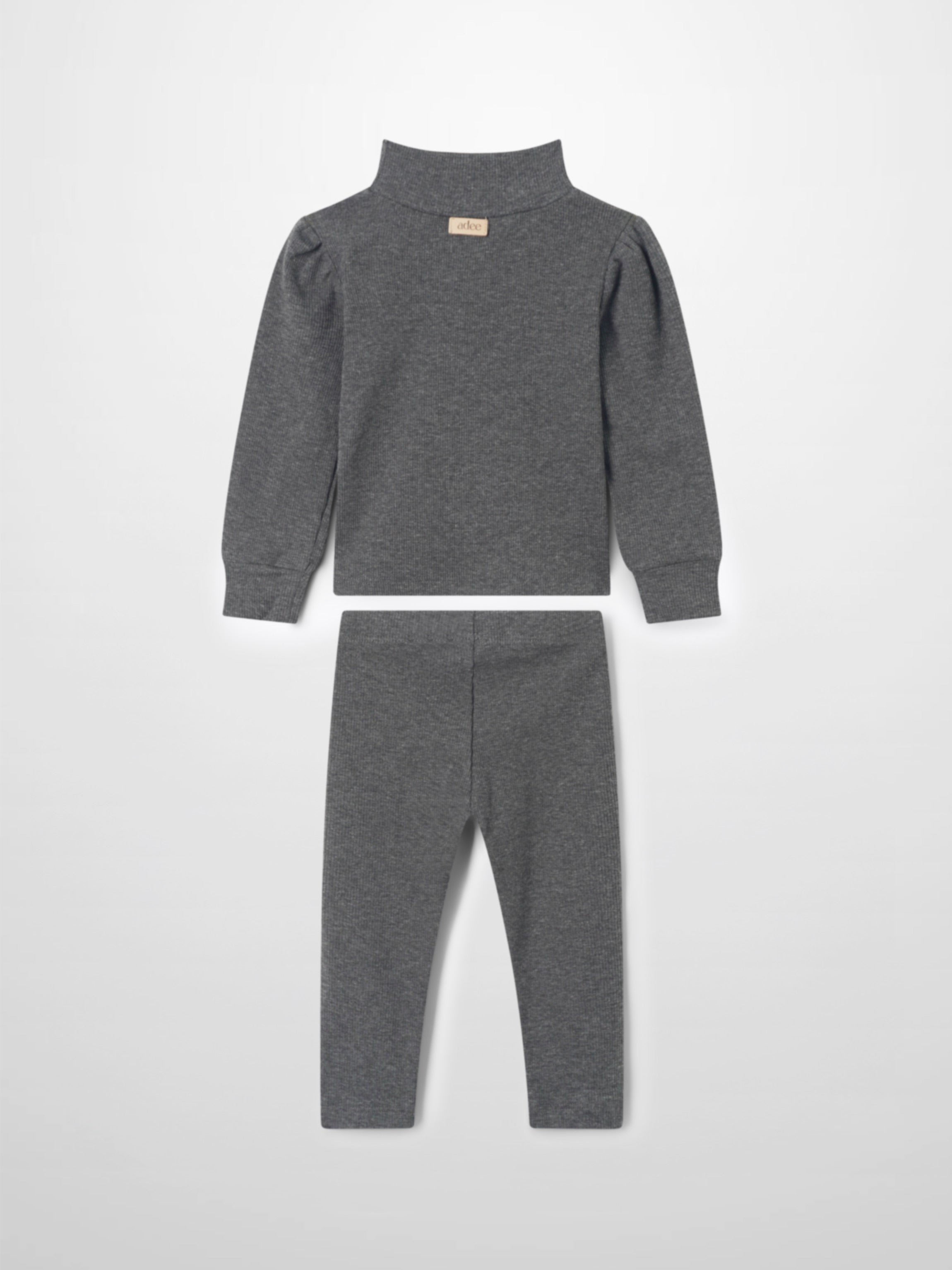 Ribbed Leggings Set with Puff Sleeves - Grey