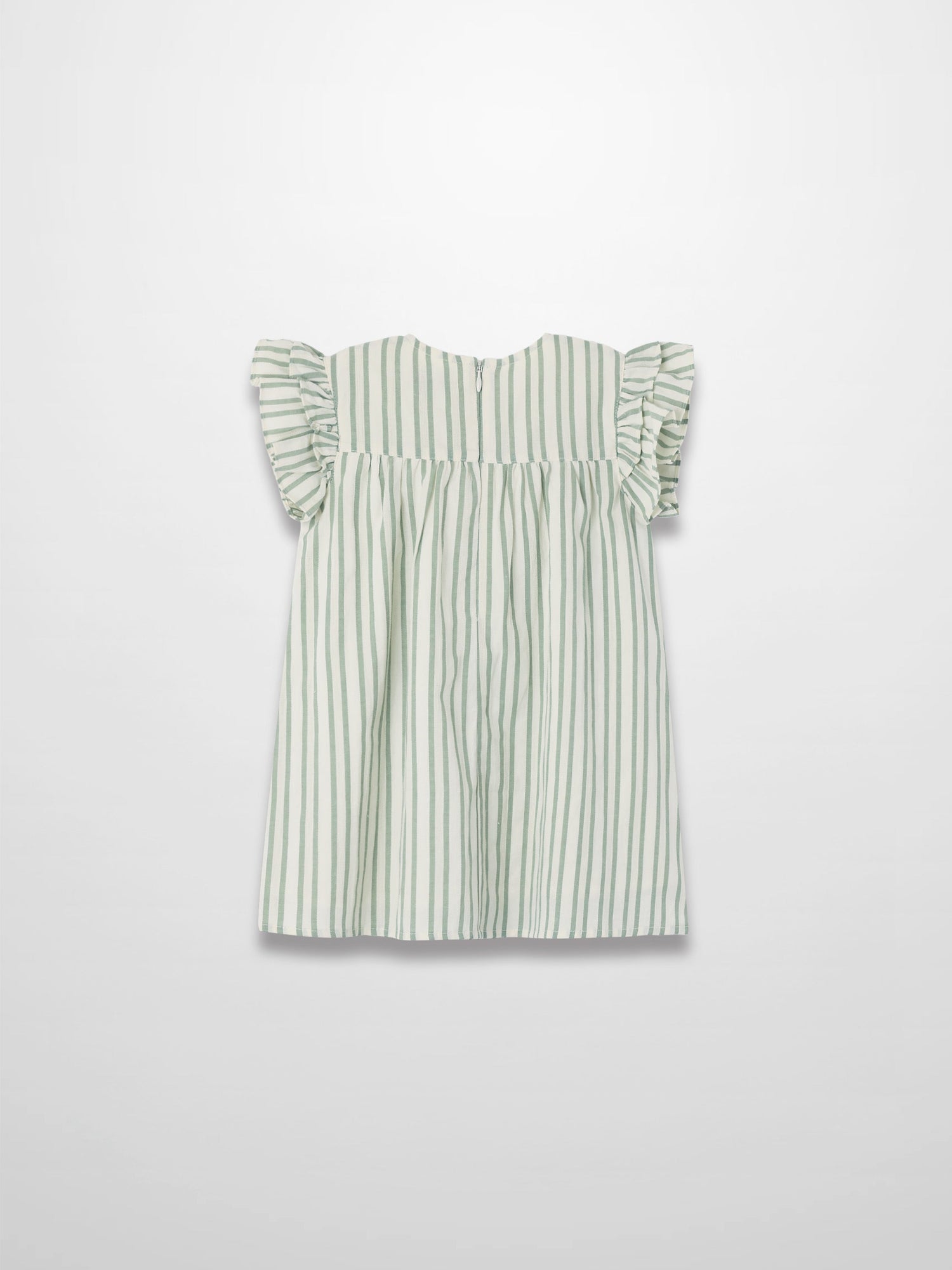 Green striped dress with ruffled sleeves and a gathered skirt