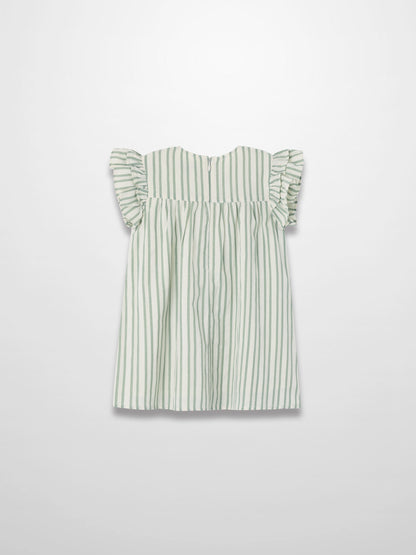 Green striped dress with ruffled sleeves and a gathered skirt