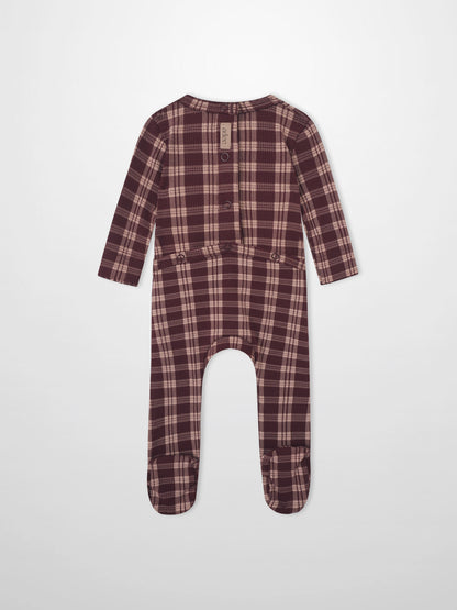 Girls Stretchies burgundy plaid one-piece by Adee with footed legs
