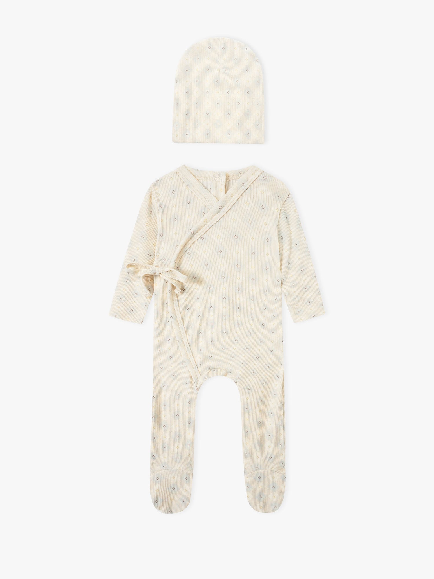 Little Button Blue baby layette set by Adee; cream knit robe with wrap belt and matching hat.