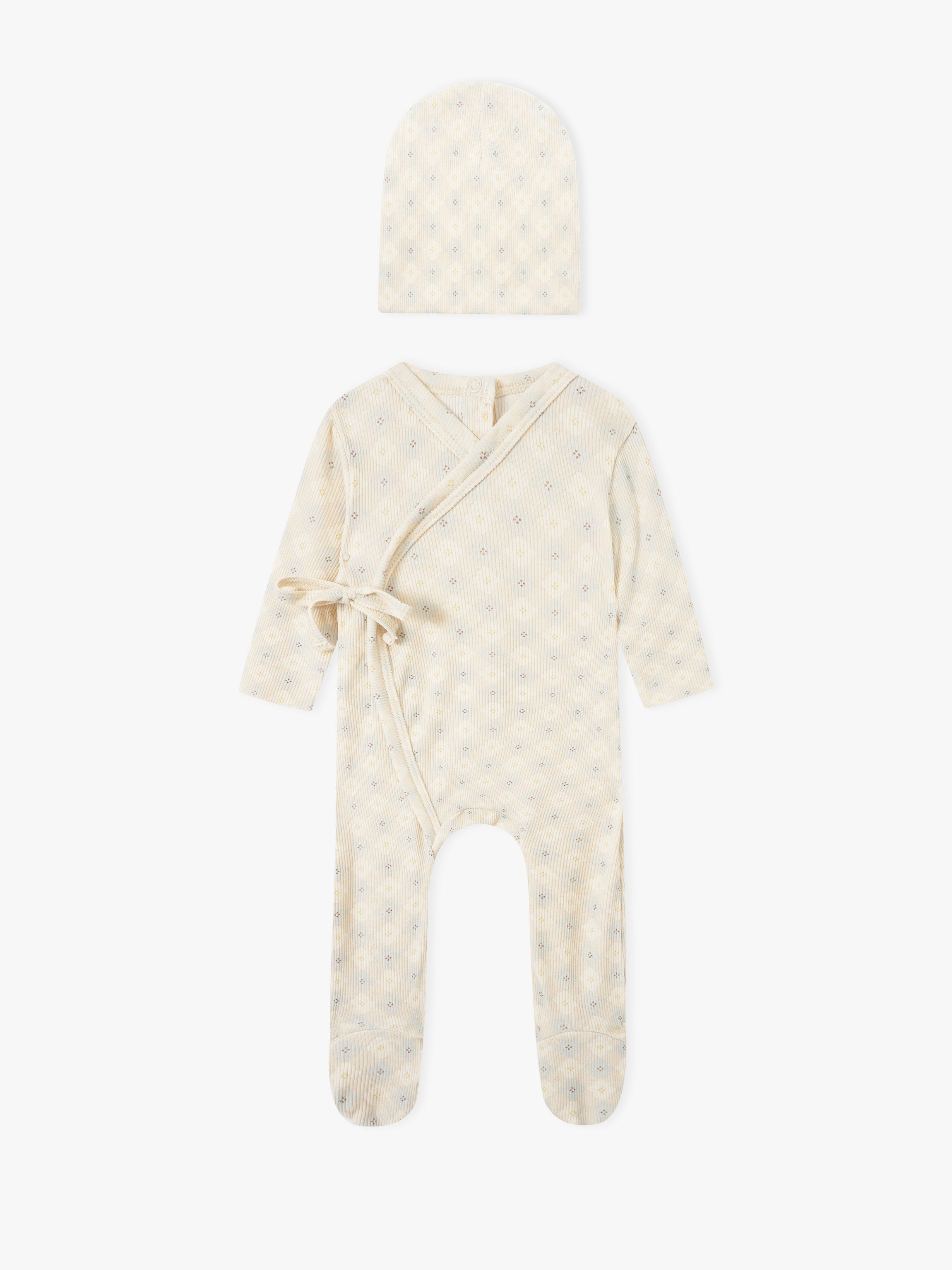 Little Button Blue baby layette set by Adee; cream knit robe with wrap belt and matching hat.