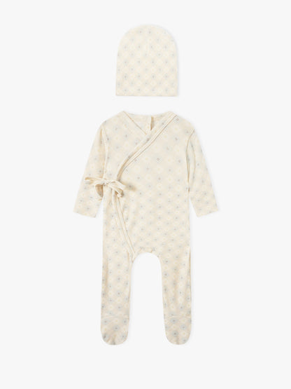 Little Button Blue baby layette set by Adee; cream knit robe with wrap belt and matching hat.
