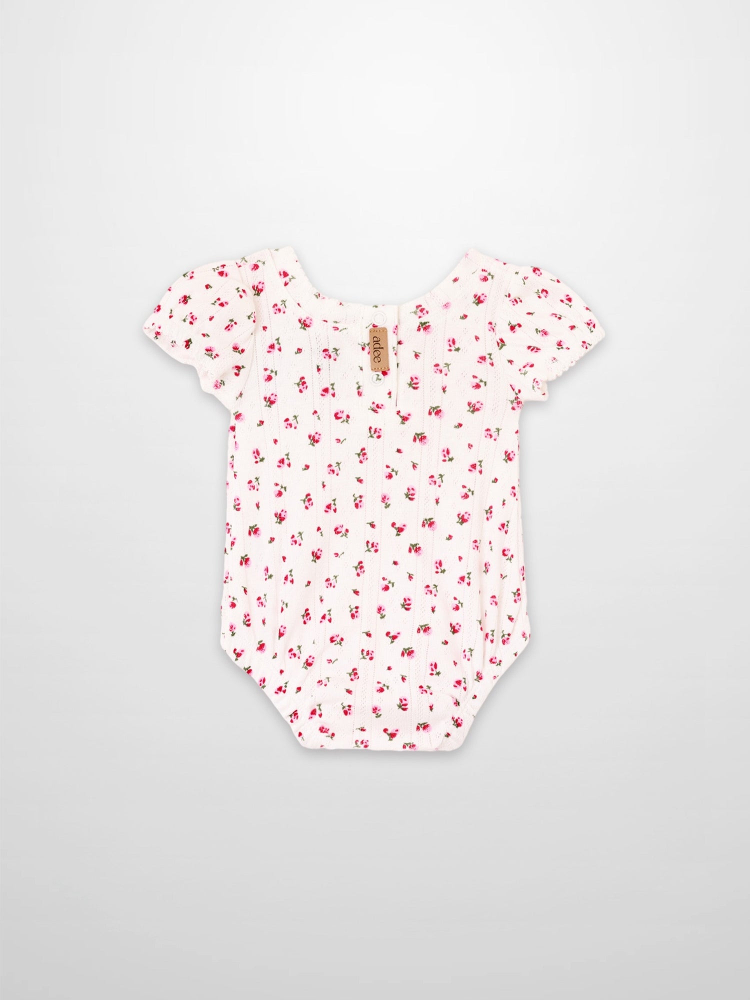 Pointelle Floral Romper for girls by Adee, white with pink floral print