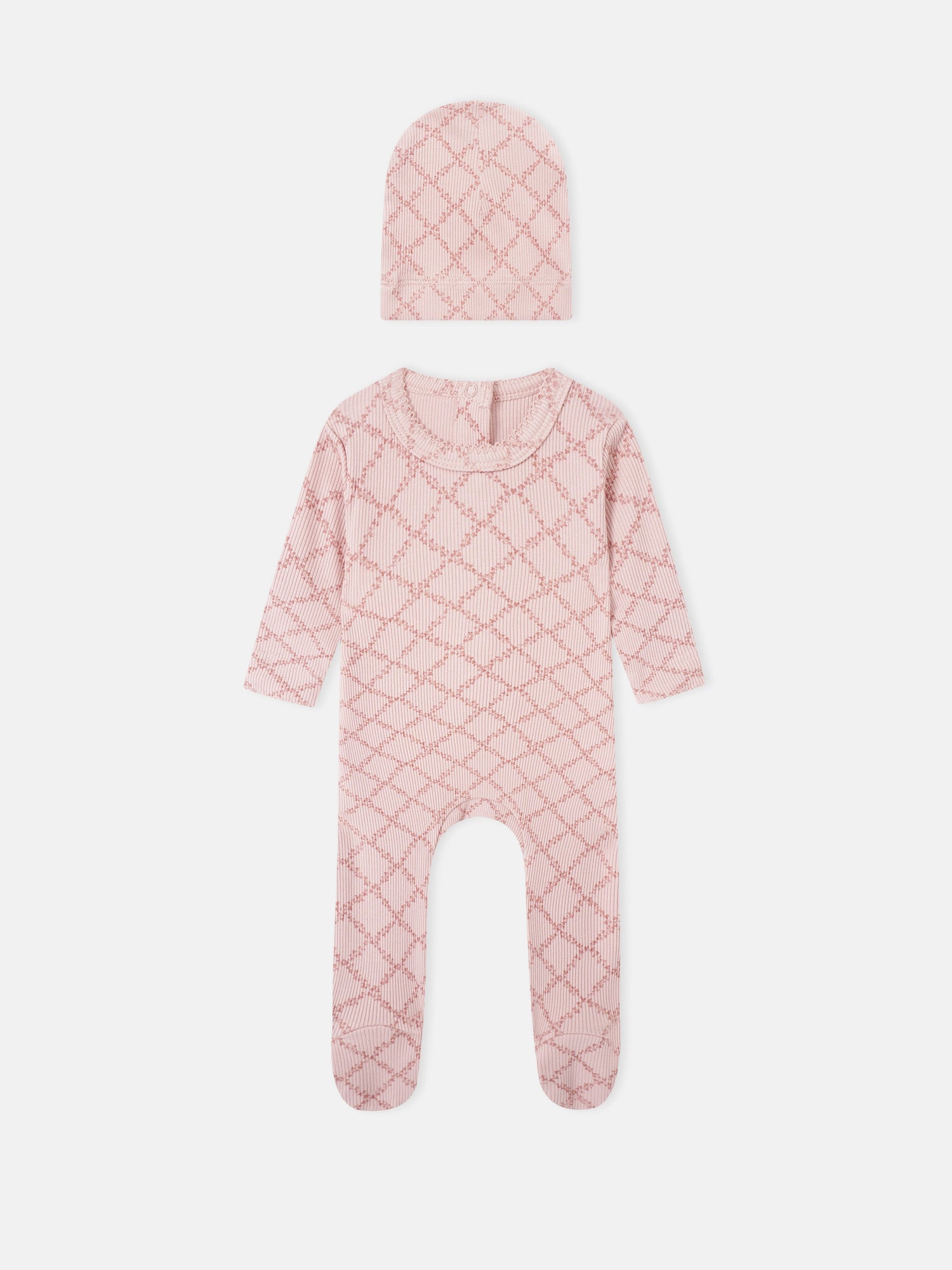 Adee Pink Leaf two-piece layette set for girls; knit hat and footed romper in pink lattice pattern.