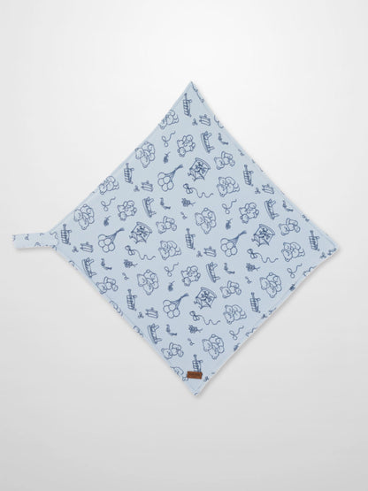 Storybook Lovey with Clip in light blue featuring dark blue carousels, teddy bears, balloons, and rocking horses.