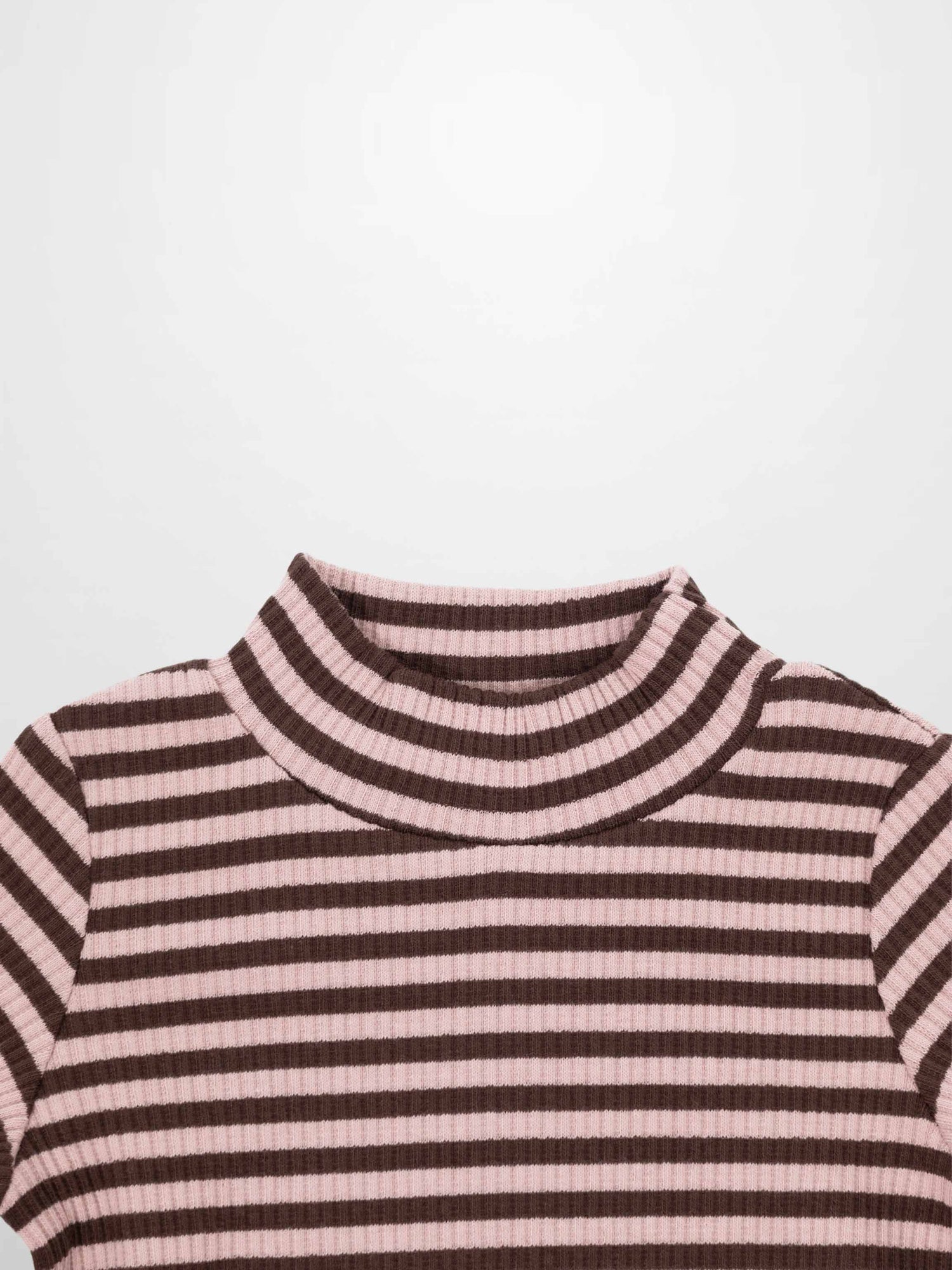 Striped Mock Neck T-Shirt - Brown &amp; Pink