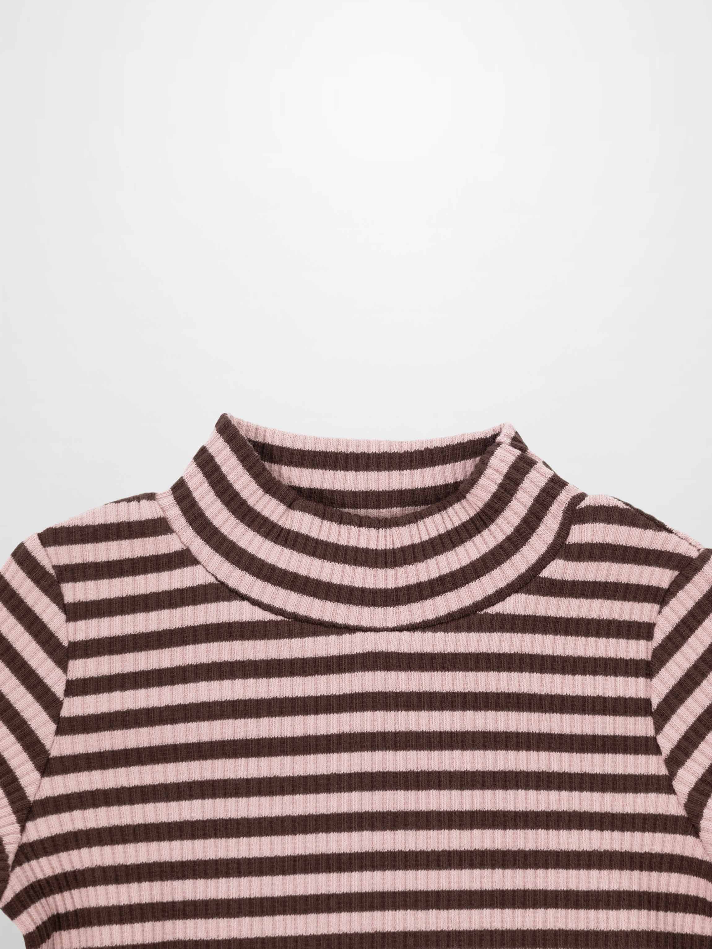 Striped Mock Neck T-Shirt - Brown &amp; Pink