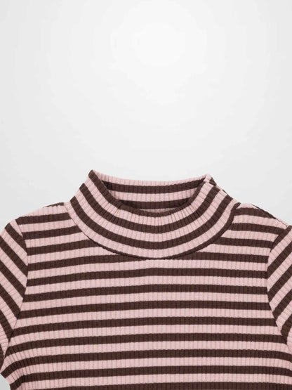 Striped Mock Neck T-Shirt - Brown &amp; Pink