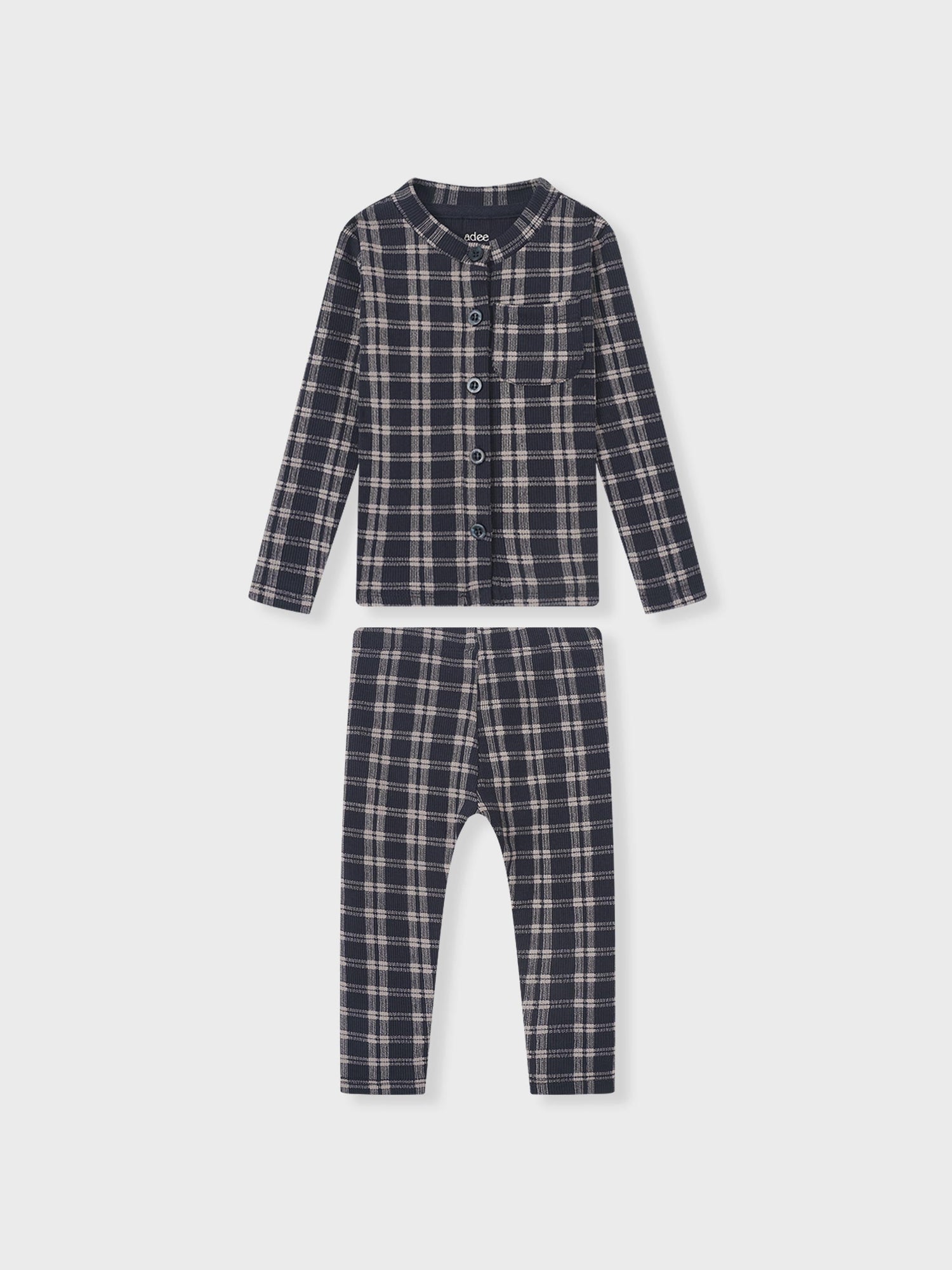 Boys blue plaid pajamas, Adee 2-piece set with button-front top and pants.