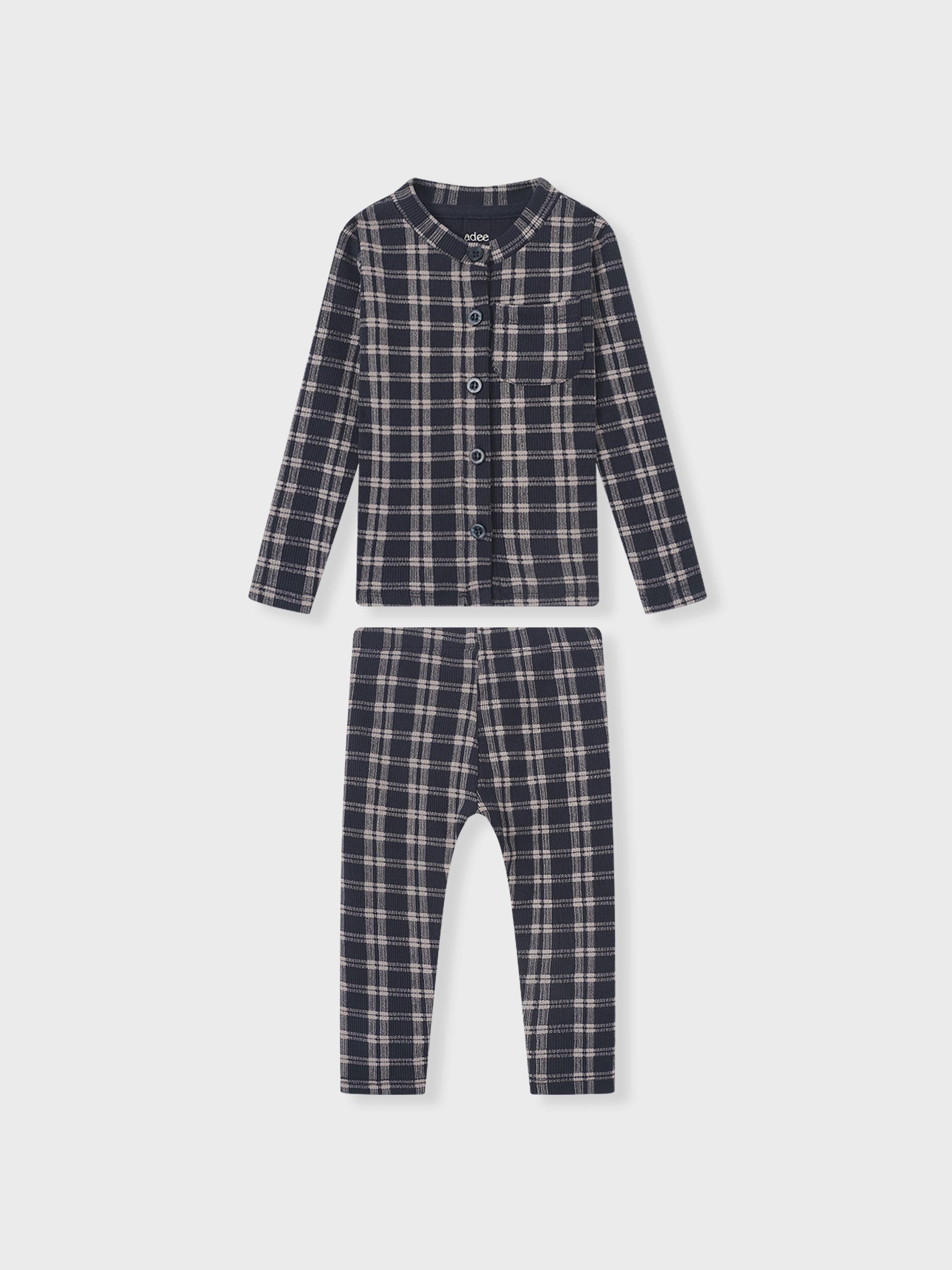 Boys blue plaid pajamas, Adee 2-piece set with button-front top and pants.