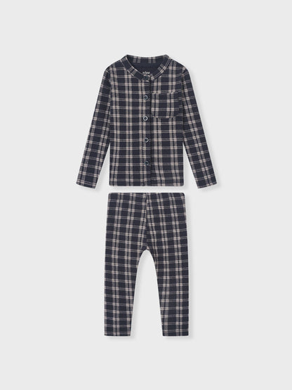Boys blue plaid pajamas, Adee 2-piece set with button-front top and pants.