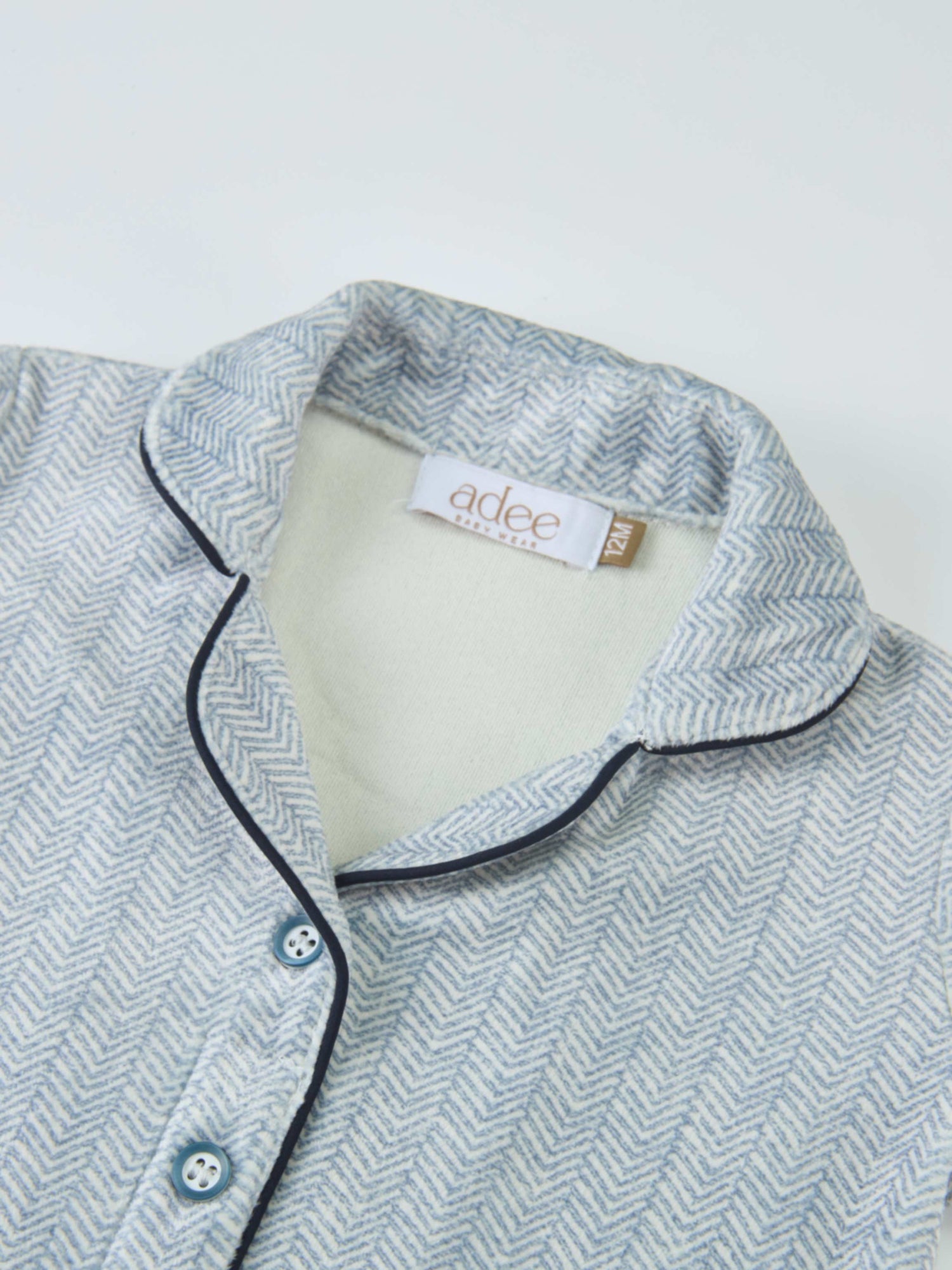 Herringbone Pajamas - Blue for boys, Adee brand with navy piping, size 12M