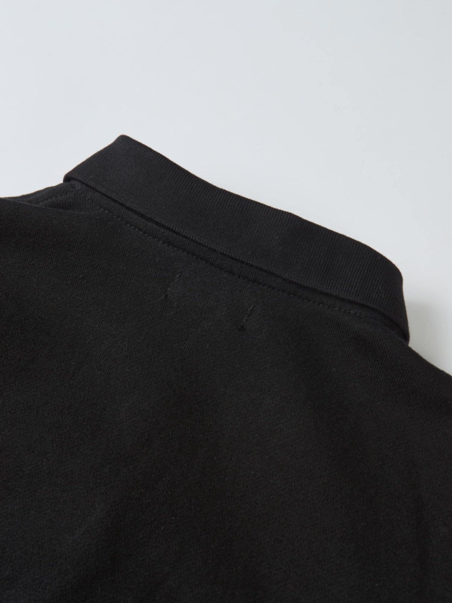 Collared black sweatshirt, unisex top; close-up of neckline with stitched seam.