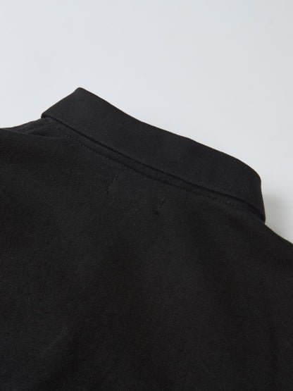 Collared black sweatshirt, unisex top; close-up of neckline with stitched seam.