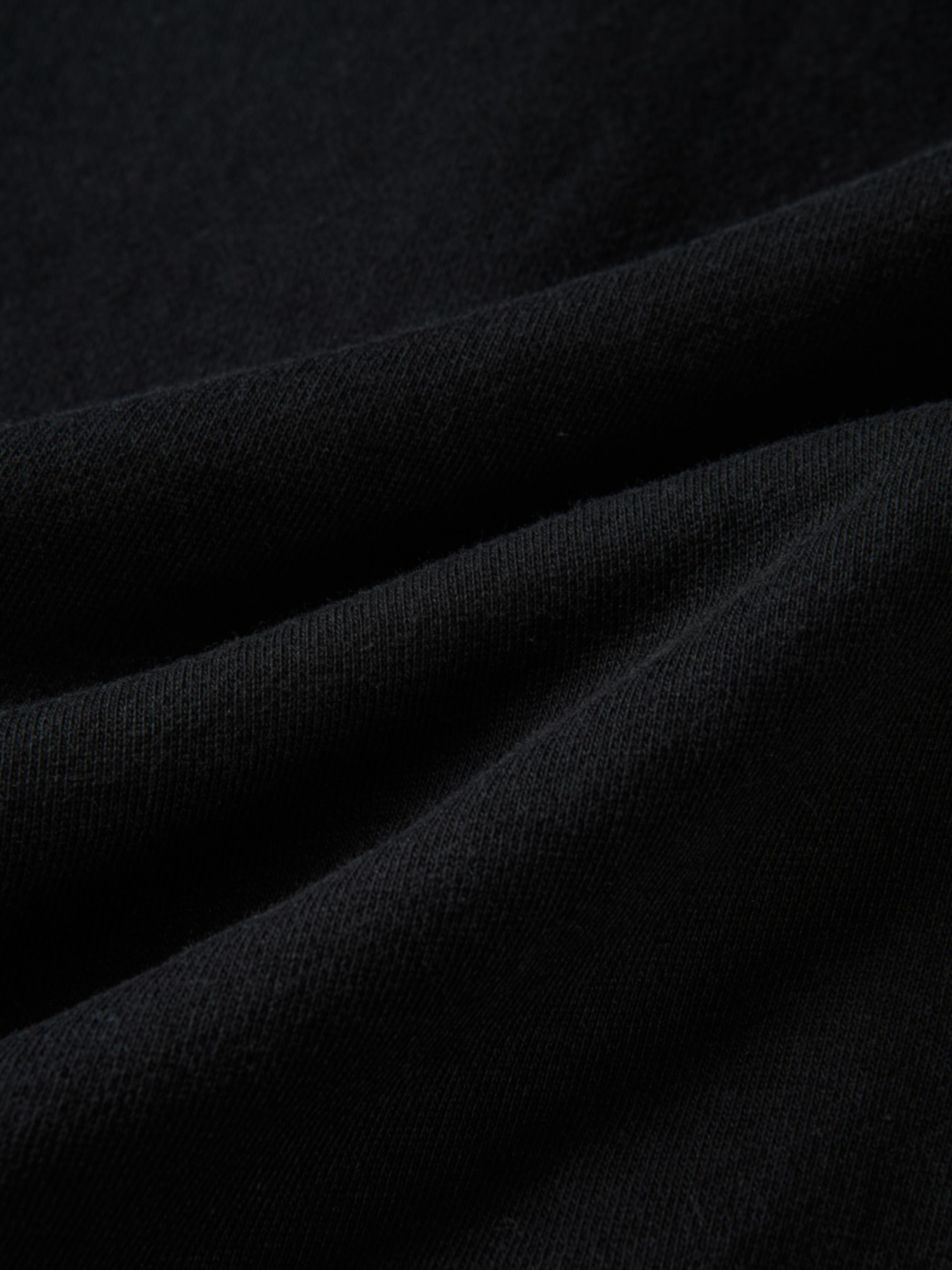 Collared sweatshirt in black; close-up of textured knit fabric.