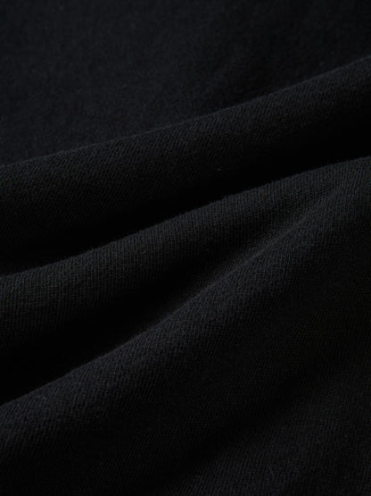 Collared sweatshirt in black; close-up of textured knit fabric.