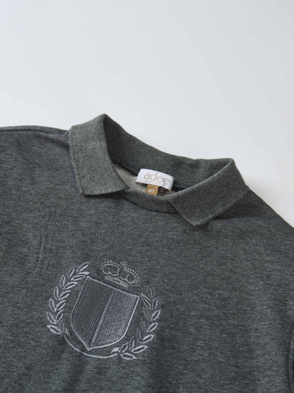 Windsor Dress; grey knit fabric, polo collar, embroidered laurel crest, Adee brand