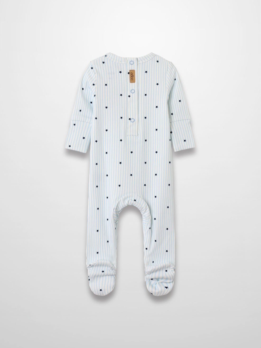 Blue Star Stretchy: light blue and white striped footed romper with scattered navy stars; soft breathable stretch