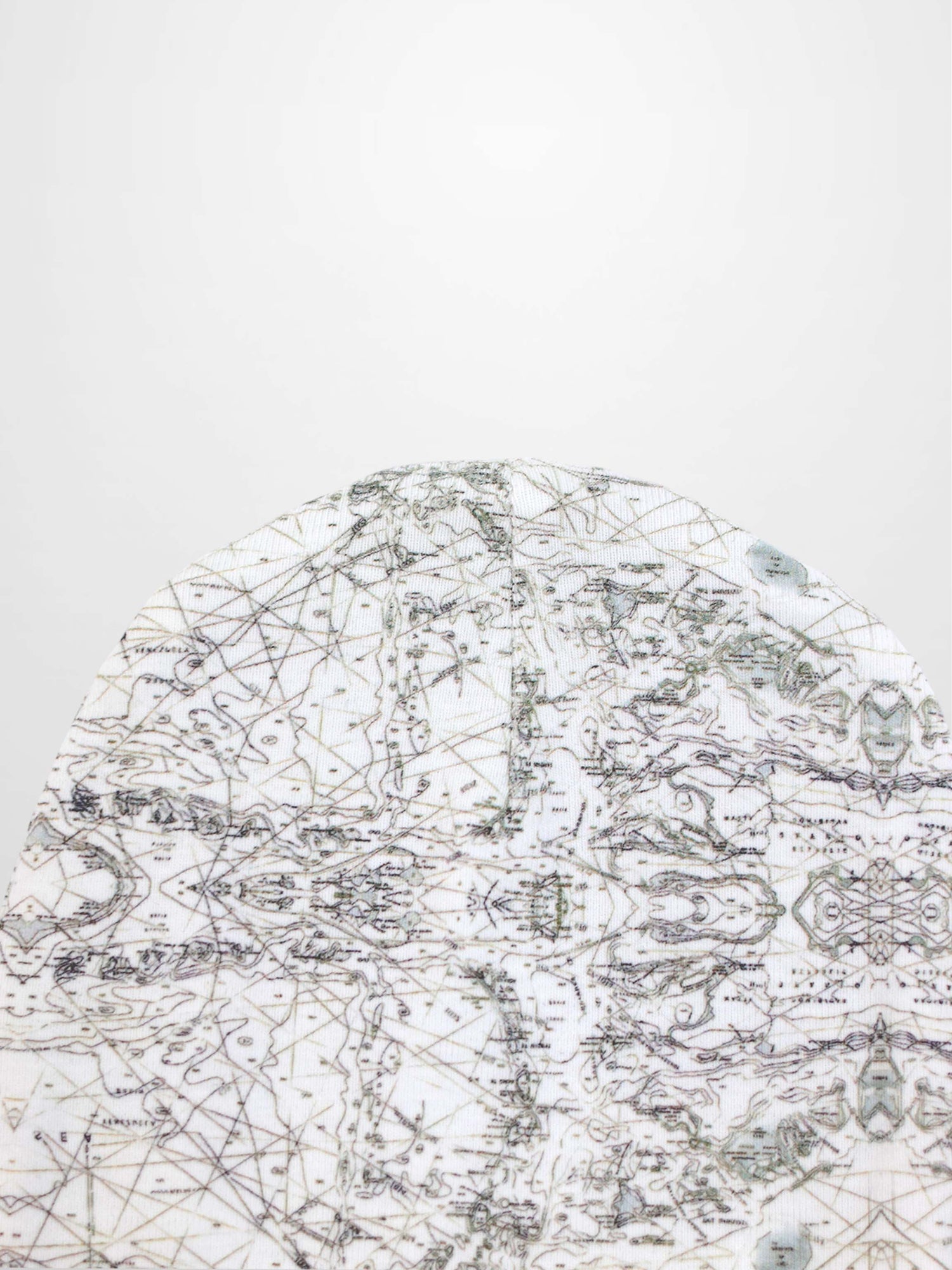 Map Beanie for baby boys in off-white with a fine map print, grey lines, compass marks, and decorative stitching.