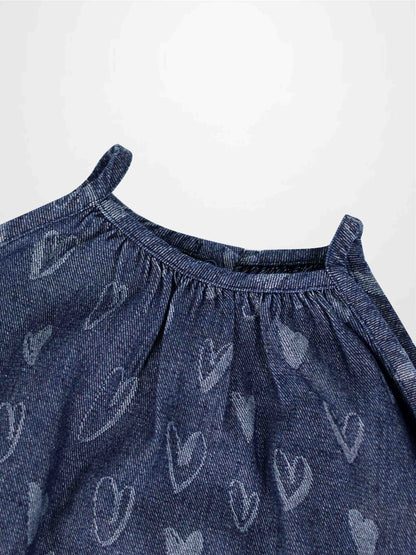 Denim heart jumper with a gathered neckline and heart-pattern print.