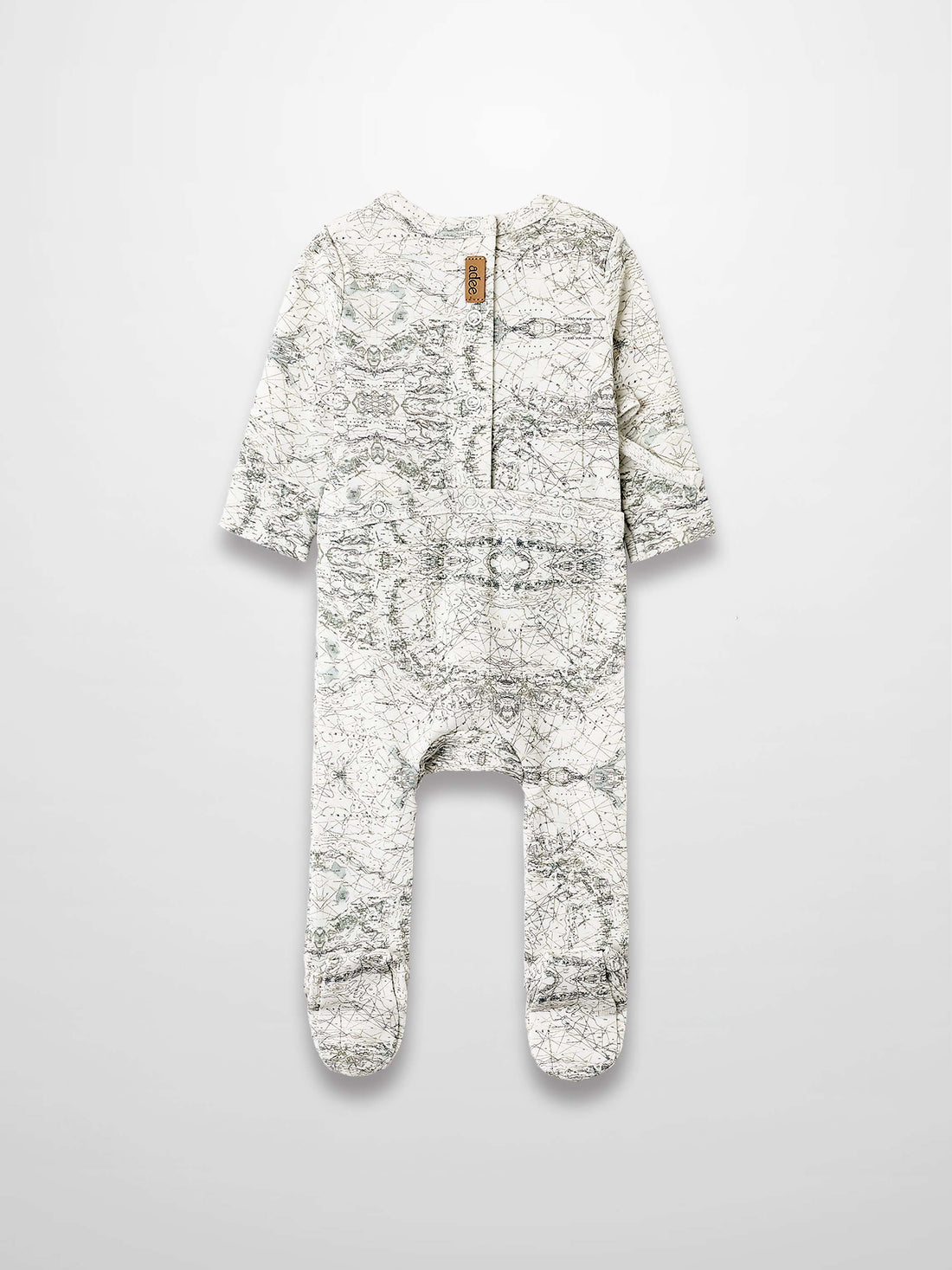 Map Stretchy baby jumpsuit footie with sage-green map print on off-white fabric.