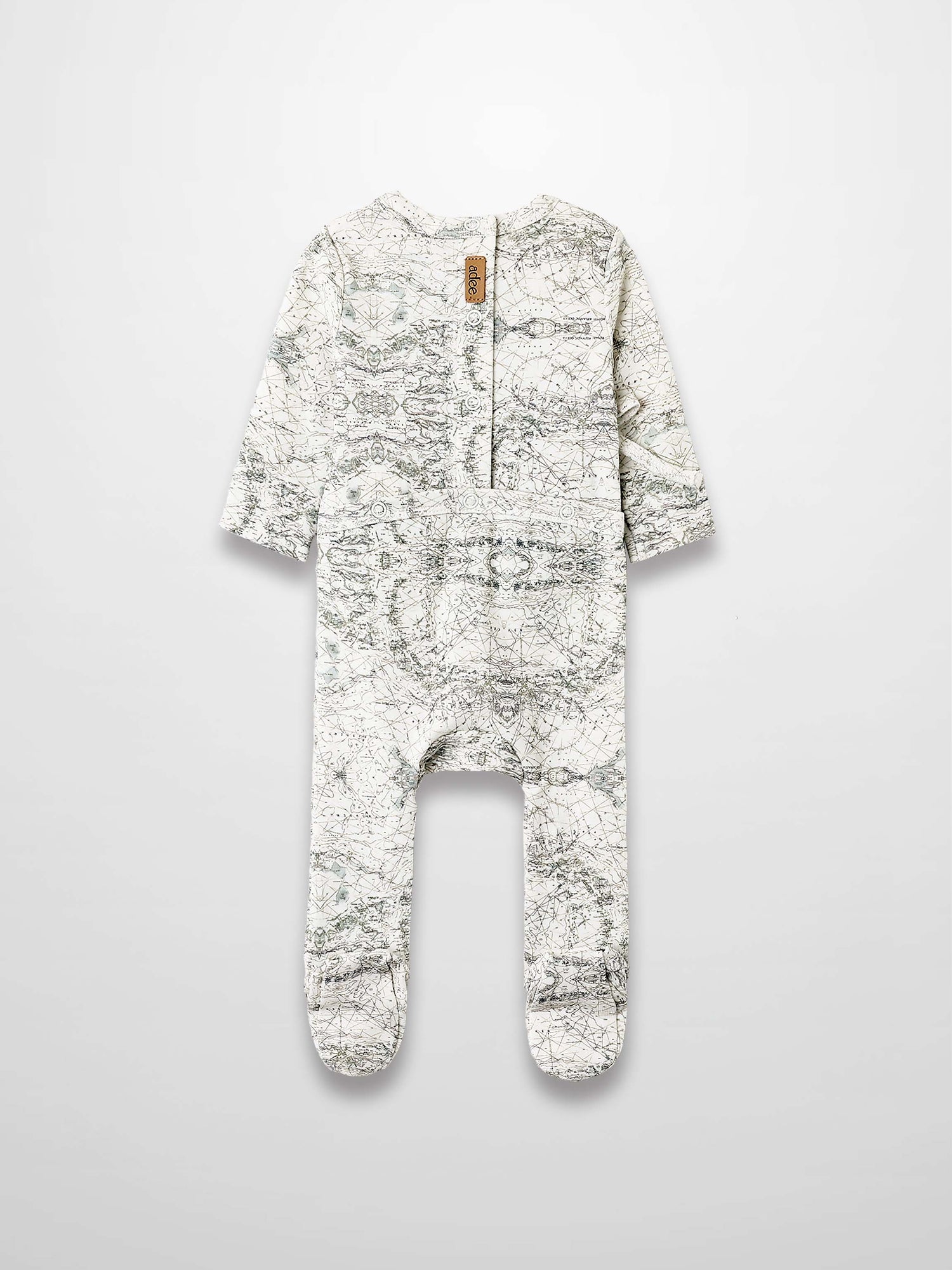 Map Stretchy baby jumpsuit footie with sage-green map print on off-white fabric.