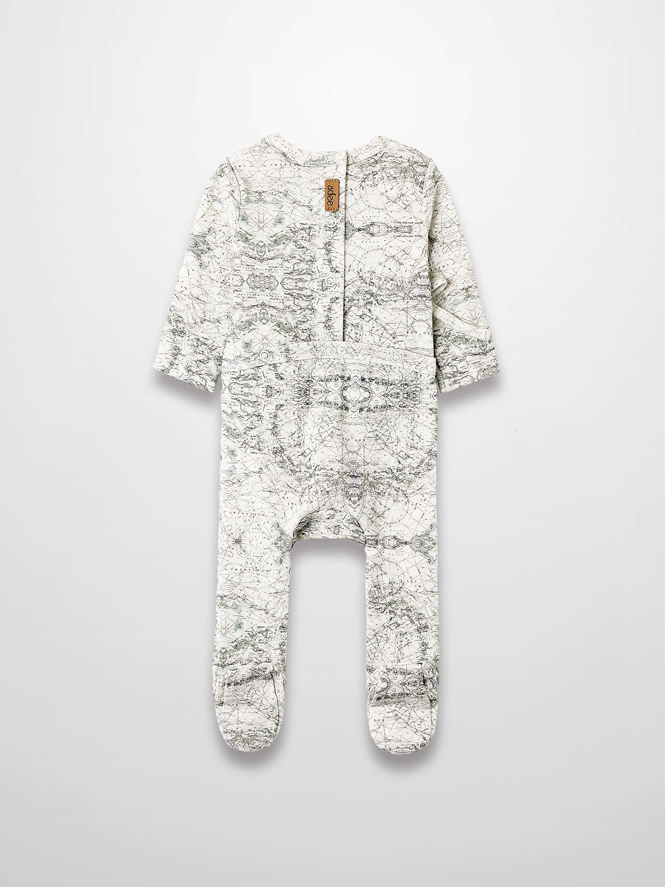 Map Stretchy baby jumpsuit footie with sage-green map print on off-white fabric.