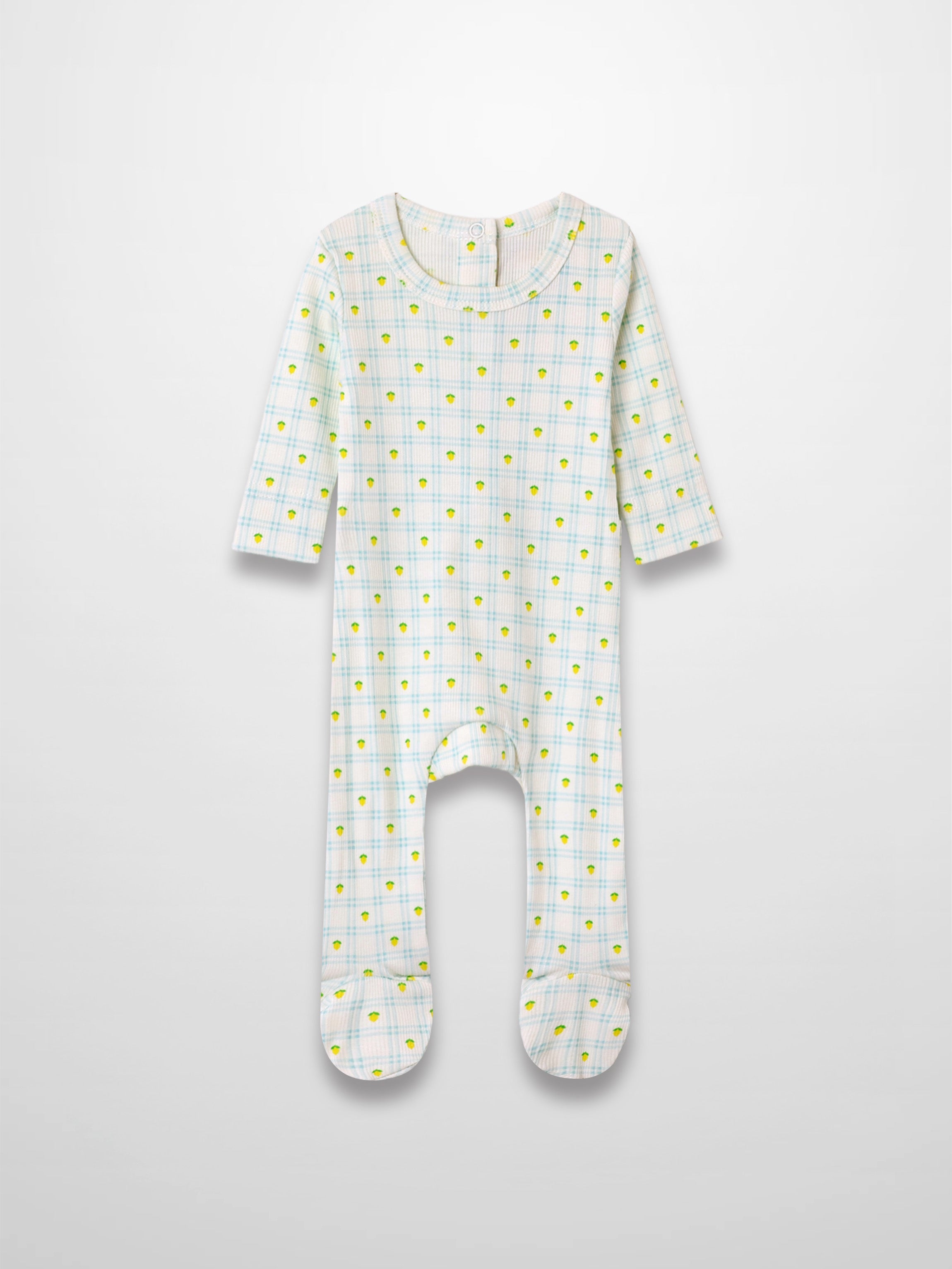 Lemon Window Stretchy baby boy footie in white with light blue grid plaid and yellow lemons.