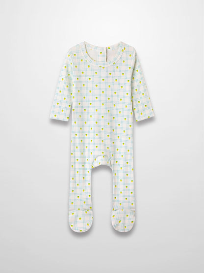 Lemon Window Stretchy baby boy footie in white with light blue grid plaid and yellow lemons.