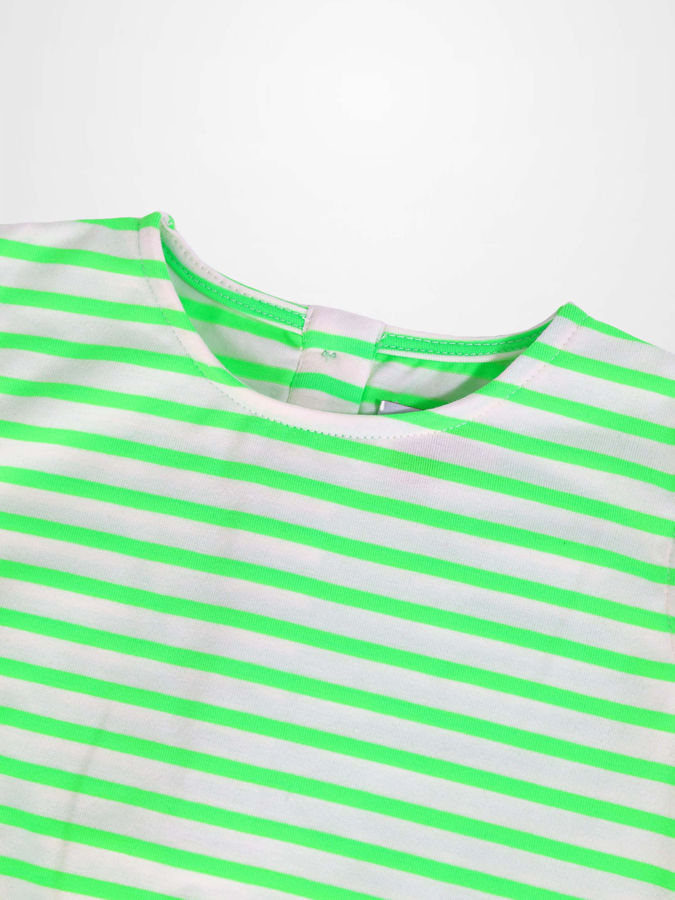 Neon green and white striped romper close-up at neckline.