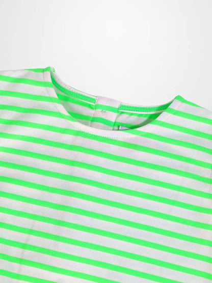 Neon green and white striped romper close-up at neckline.