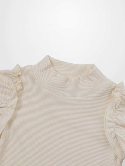 Ruffle Puff Sleeve Mock Neck Shirt - Ivory
