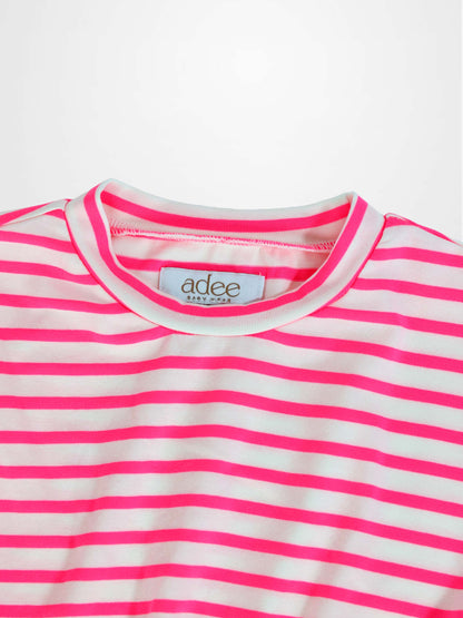 Neon pink and white striped baby dress bodice with a round ribbed neckline.