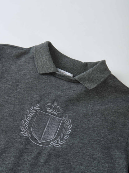 Windsor Sweatshirt by Adee; heather charcoal gray unisex top with crest embroidery