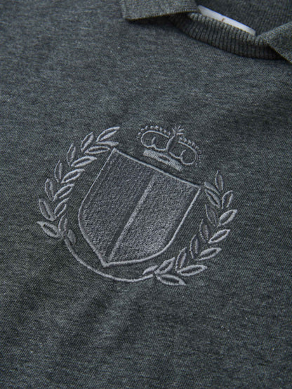 Windsor Sweatshirt by Adee; unisex gray heather knit with embroidered crest emblem.