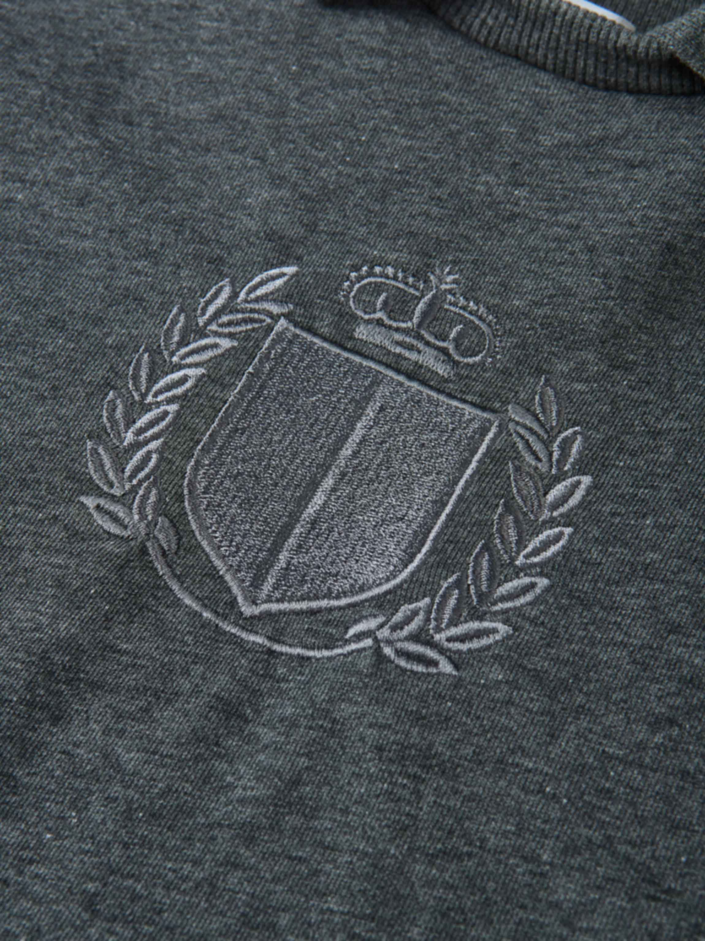 Windsor Sweatshirt by Adee; charcoal gray knit with white embroidered crest and laurel on chest, unisex top.