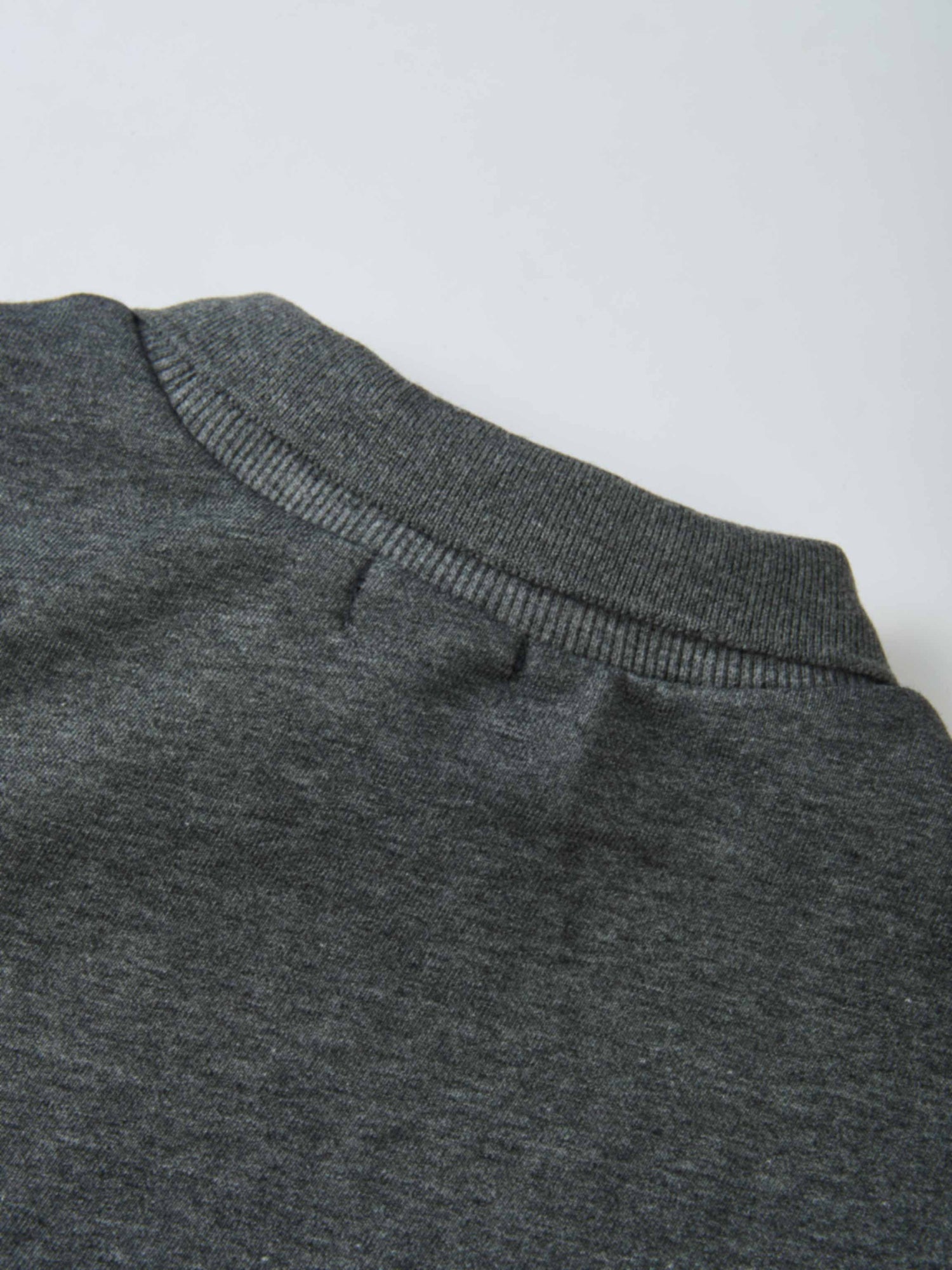 Windsor Sweatshirt neckline close-up in gray heather knit fabric