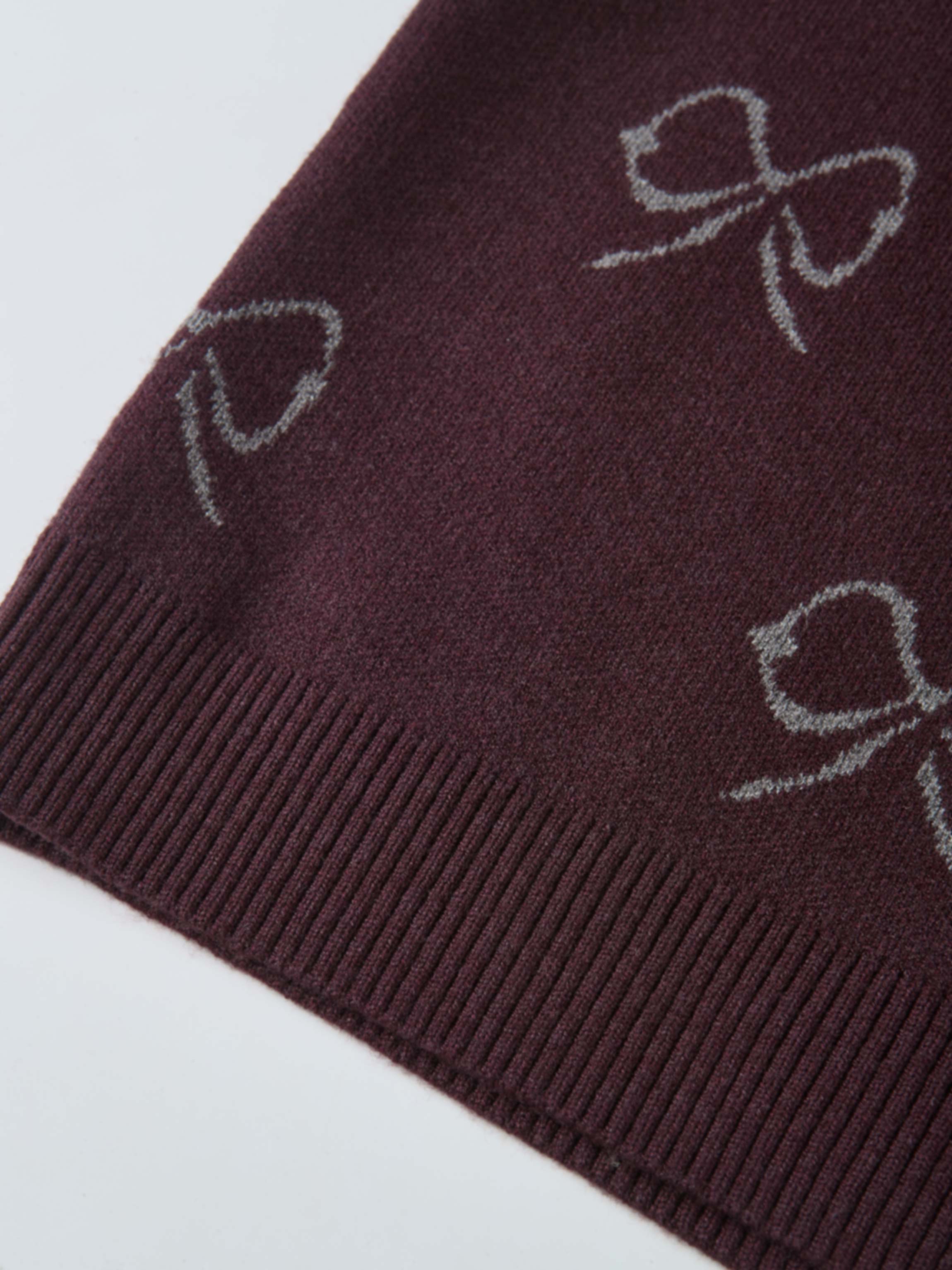 Bow Knit Sweater in burgundy with white bow motif; girls dressy top
