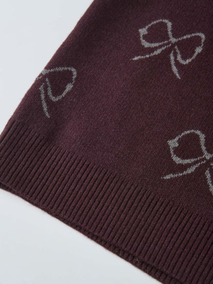 Bow Knit Sweater in burgundy with white bow motif; girls dressy top