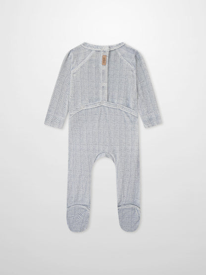 Heritage Herringbone Blue layette set by Adee; blue herringbone footed baby sleeper.