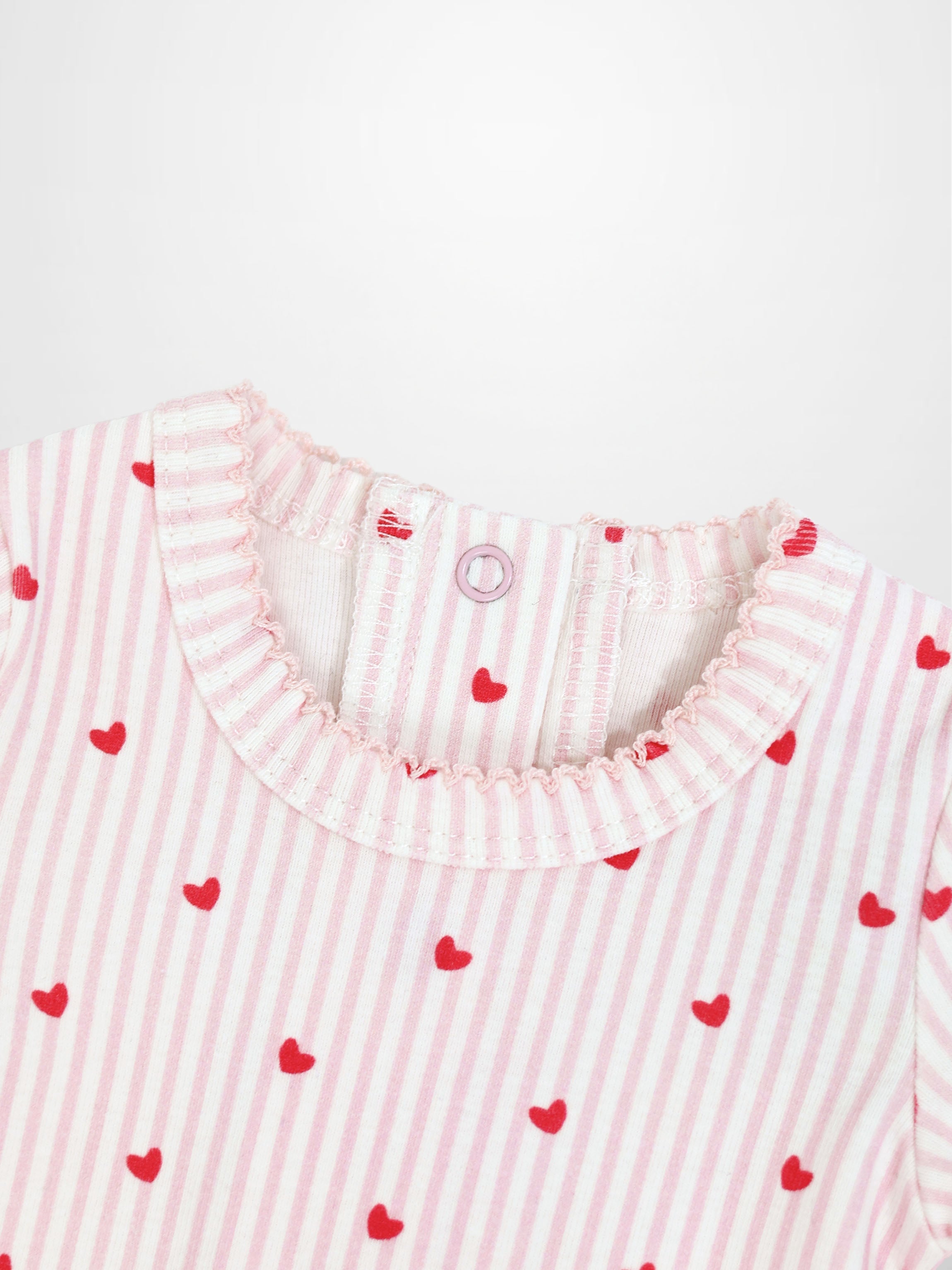 Pink Heart Stretchy with Lace: light pink and white stripes, hot-pink hearts, scalloped trim on a baby jumpsuit footie.