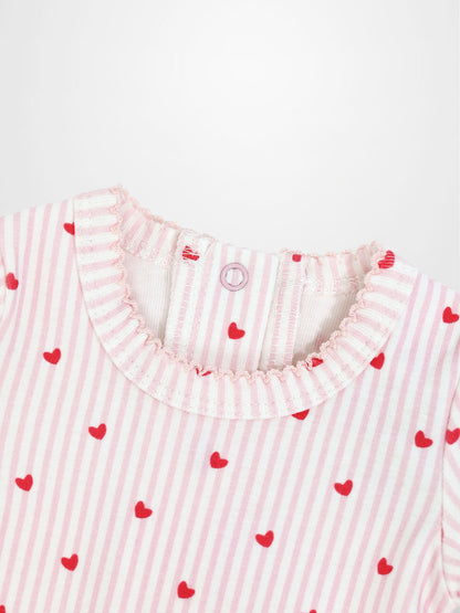 Pink Heart Stretchy with Lace: light pink and white stripes, hot-pink hearts, scalloped trim on a baby jumpsuit footie.
