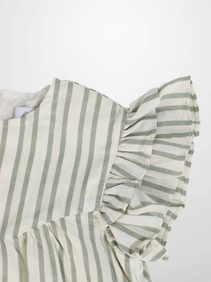 Light green and cream striped dress with ruffled sleeve detail